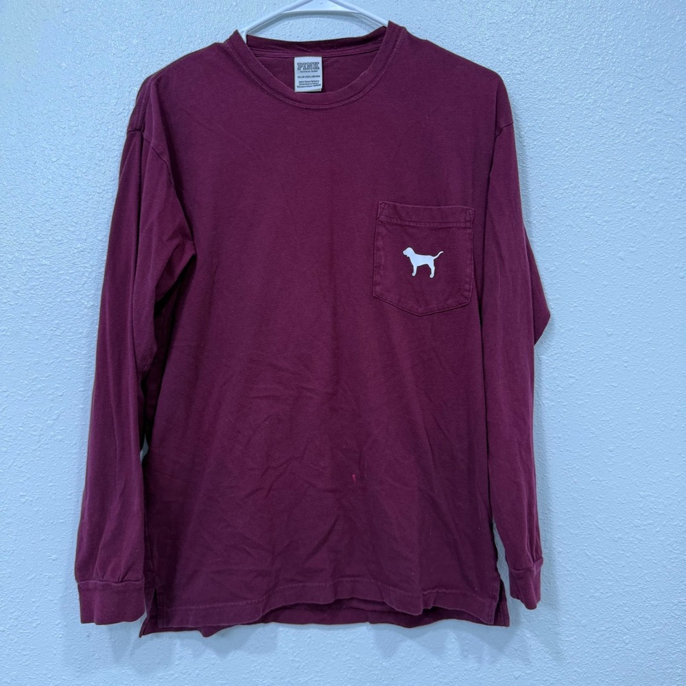 Victoria's Secret PINK Long Sleeve Pocket T-Shirt Maroon Burgundy XS Dog Logo